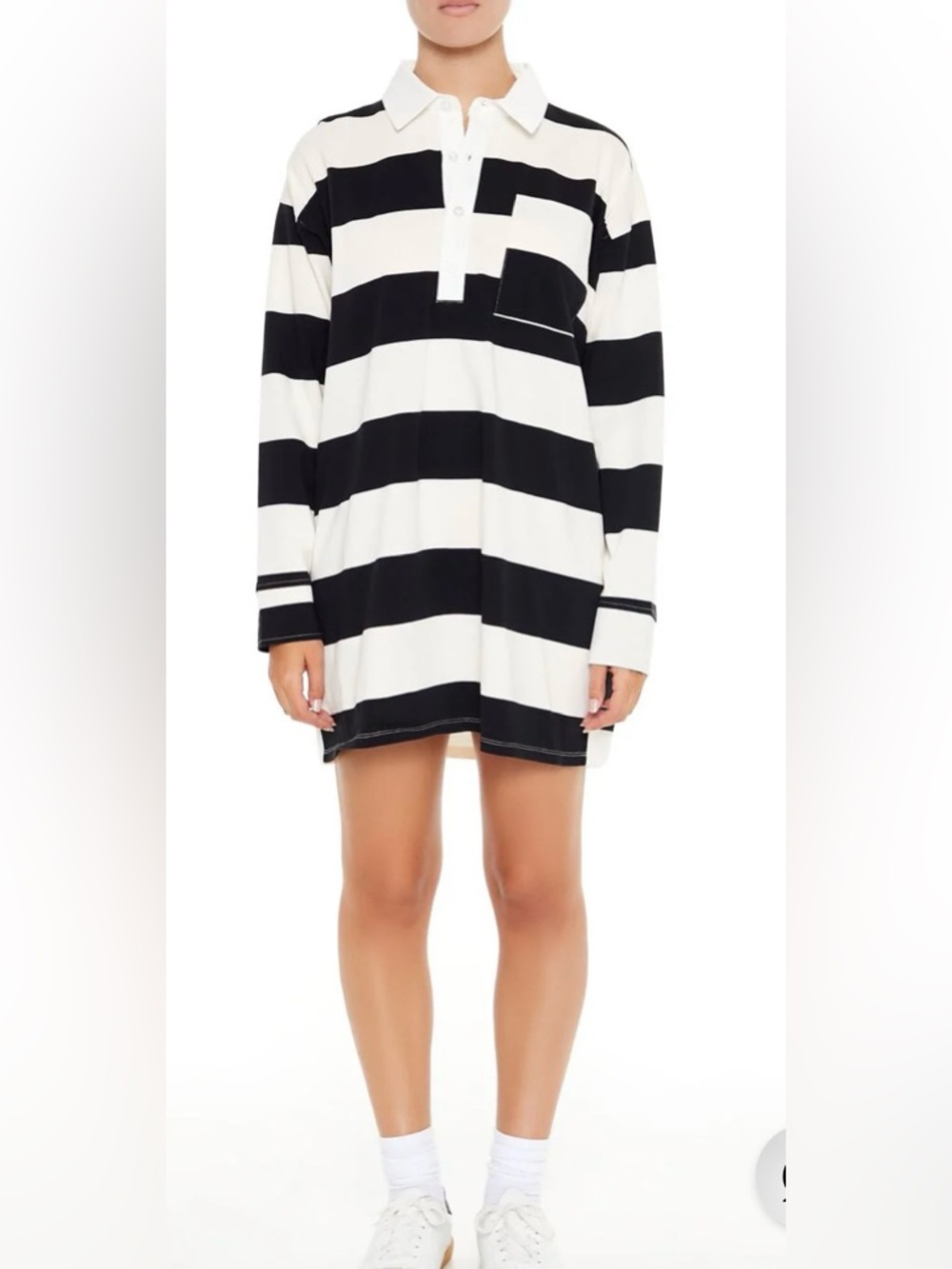 New! STRIPED LONG Sleeve JERSEY KNIT POLO SHIRT DRESS white/black